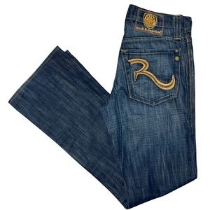 ROCK & REPUBLIC 100% RIGID COTTON EMBROIDERED LOGO BOOTCUT MID RISE Y2K JEANS